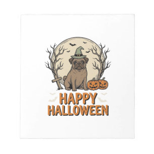 Retro Halloween Pug Hond Heksenhoed T-shirt Ontwer Notitieblok