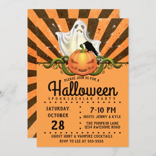 Retro Halloween Rays, Jack o'lantern Ghost Kaart (Voorkant / Achterkant)