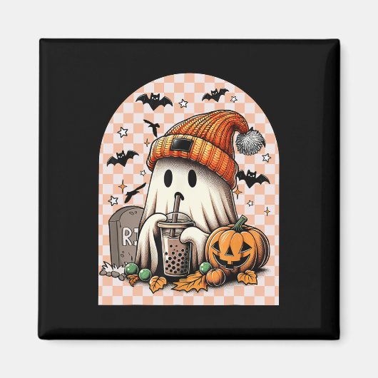 Retro Halloween Schattige Ghost Drink Koffiepompoe Magneet (Voorkant)