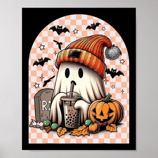 Retro Halloween Schattige Ghost Drink Koffiepompoe Poster (Voorkant)