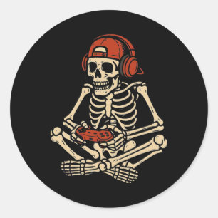 Retro Halloween skelet gamer videospel jongens M Ronde Sticker