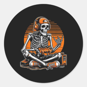 Retro Halloween skelet gamer videospel jongens M Ronde Sticker