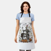 Retro Halloween Skelet Naaimachine Shirt De Schort (Gedragen)