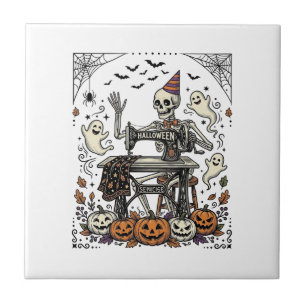 Retro Halloween Skelet Naaimachine Shirt De Tegeltje