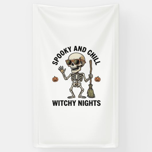 Retro Halloween skeletgravure heks bezem Sh Spandoek (Verticaal)