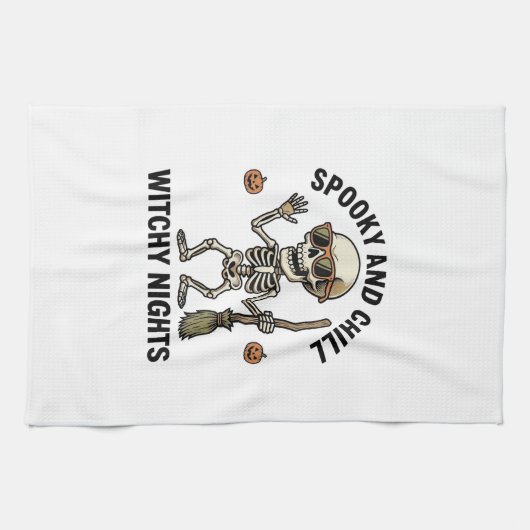 Retro Halloween skeletgravure heks bezem Sh Theedoek (Horizontaal)