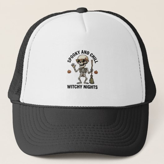 Retro Halloween skeletgravure heks bezem Sh Trucker Pet (Voorkant)