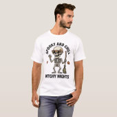 Retro Halloween skeletgravure heksbezemshemd T-shirt (Voorkant volledig)