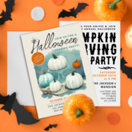 Retro Halloween Snijwerk Witte Pompoenen Aquarel Kaart