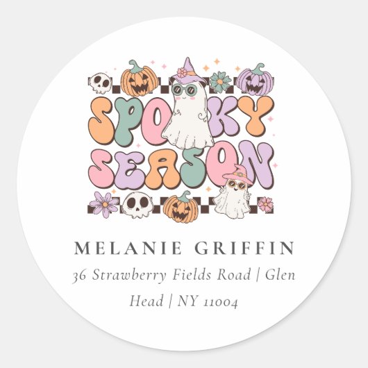 Retro Halloween Spooky Seizoen Ghost Adresetikette Ronde Sticker (Voorkant)