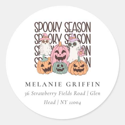 Retro Halloween Spooky Seizoen Ghost Adresetikette Ronde Sticker (Voorkant)