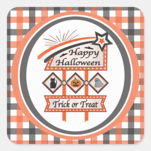 Retro Halloween Teken – Trick or treat Plaid Vierkante Sticker