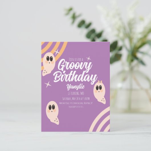 Retro Halloween Verjaardag met Groovy Geest Briefkaart (Staand voorkant)