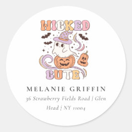 Retro Halloween Wicked Schattigee Ghost Adresetike Ronde Sticker