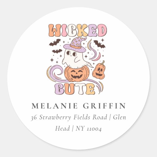Retro Halloween Wicked Schattigee Ghost Adresetike Ronde Sticker (Voorkant)