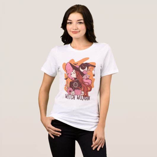 Retro Halloween Witch Woman Tri-Blend Shirt (Voorkant volledig)
