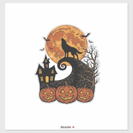 Retro Halloween Wolf Maan Pompoen Shirt Ontwerp_1 Sticker (Vel)