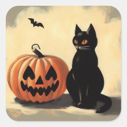 Retro Halloween Zwarte Kat en Pompoen Vierkante Sticker (Voorkant)