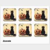 Retro Halloween Zwarte Kat en Pompoen Vierkante Sticker (Vel)