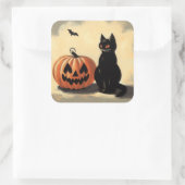 Retro Halloween Zwarte Kat en Pompoen Vierkante Sticker (Tas)