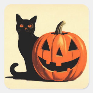 Retro Halloween Zwarte Kat en Pompoen Vierkante Sticker