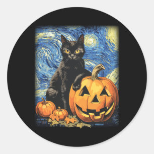 Retro Halloween Zwarte Kat Halloween Pompoen Zwart Ronde Sticker