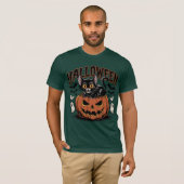 Retro Halloween zwarte kat met pompoen T-shirt (Voorkant volledig)