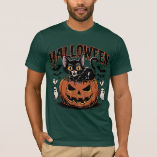Retro Halloween zwarte kat met pompoen T-shirt