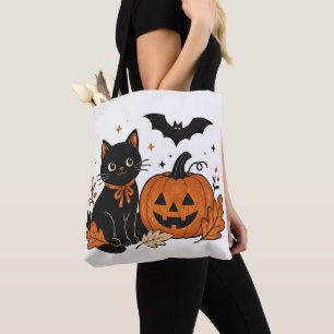 Retro Halloween Zwarte Kat Pompoen All-Over Print Tote Bag