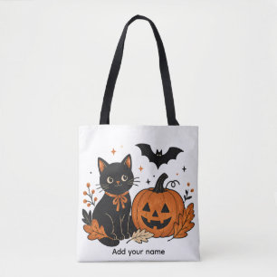 Retro Halloween Zwarte Kat Pompoen All-Over Print Tote Bag