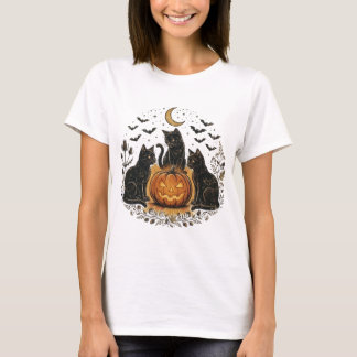 Retro Halloween Zwarte Kat & Pompoen T-shirt