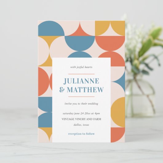 Retro Halve Cirkel Scallop Mid Century Bruiloft Kaart (Staand voorkant)