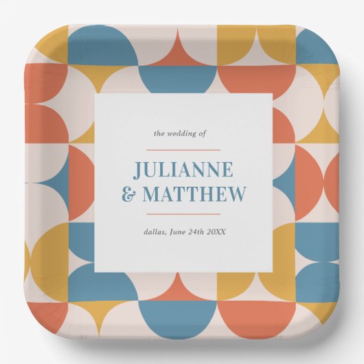 Retro Halve Cirkel Scallop Mid Century Bruiloft Papieren Bordje (Voorkant)