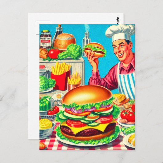 Retro Hamburger Comic Illustratie Briefkaart (Voorkant / Achterkant)