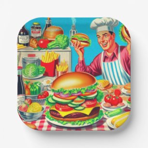 Retro Hamburger Comic Illustratie Papieren Bordje