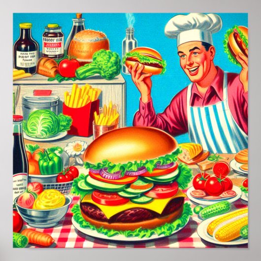 Retro Hamburger Comic Illustratie Poster (Voorkant)