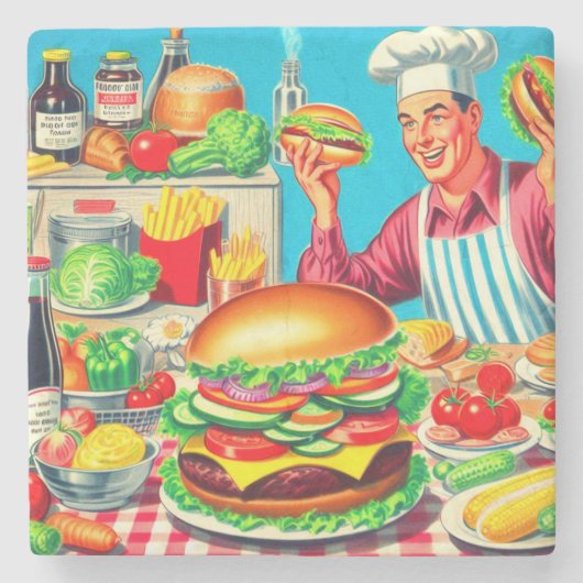 Retro Hamburger Comic Illustratie Stenen Onderzetter (Voorkant)