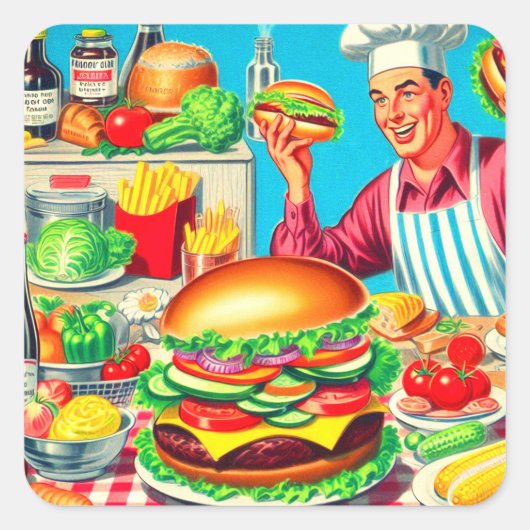 Retro Hamburger Comic Illustratie Vierkante Sticker (Voorkant)