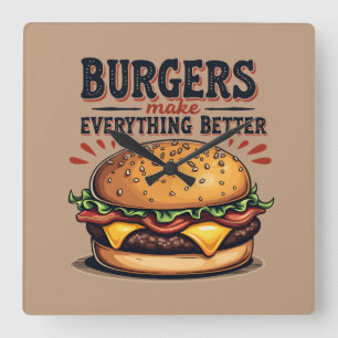 Retro Hamburgerliefhebber Vintage Typografie Eetku Vierkante Klok