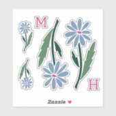 Retro Hand Drawn Blue Flowers Pink Monogram Sticker (Vel)