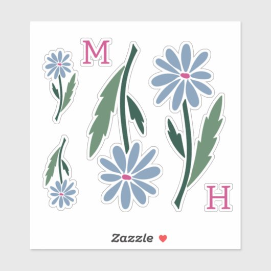 Retro Hand Drawn Blue Flowers Pink Monogram Sticker (Vel)
