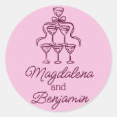 Retro Hand Drawn Burgundy Champagne Tower Names Ronde Sticker (Voorkant)