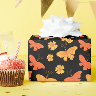 Retro Hand-Drawn Butterfly Pattern Oranje and Gold Cadeaupapier