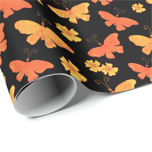 Retro Hand-Drawn Butterfly Pattern Oranje and Gold Cadeaupapier (Rol Hoek)