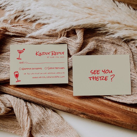 Retro Hand Drawn Colorful Funky Unique Wedding  RSVP Kaartje