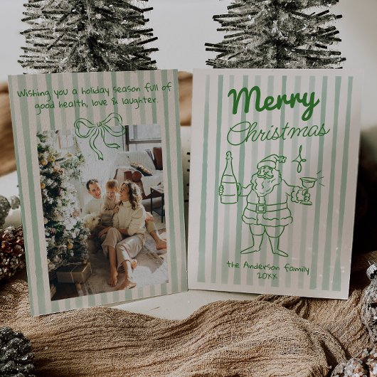 Retro Hand Drawn Festive Santa Champagne Christmas Feestdagenkaart