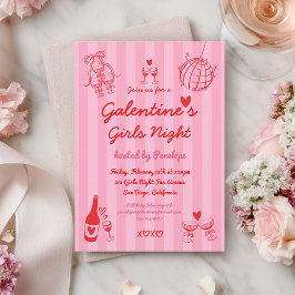 Retro Hand Drawn Galentine's Girls Night Party Kaart