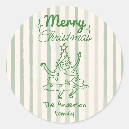 Retro Hand Drawn Green Funny Christmas Tree  Ronde Sticker (Voorkant)
