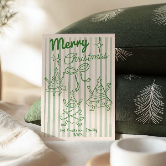 Retro Hand Drawn Green Funny Christmas Trees Bow Feestdagenkaart