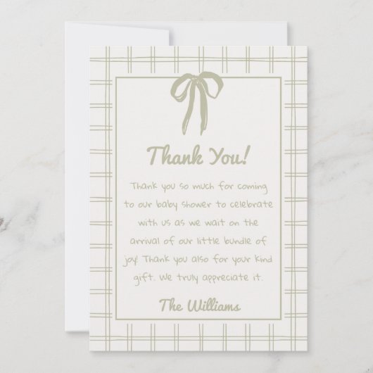 Retro Hand Drawn Green Gingham Bow Baby Shower Bedankkaart (Voorkant)